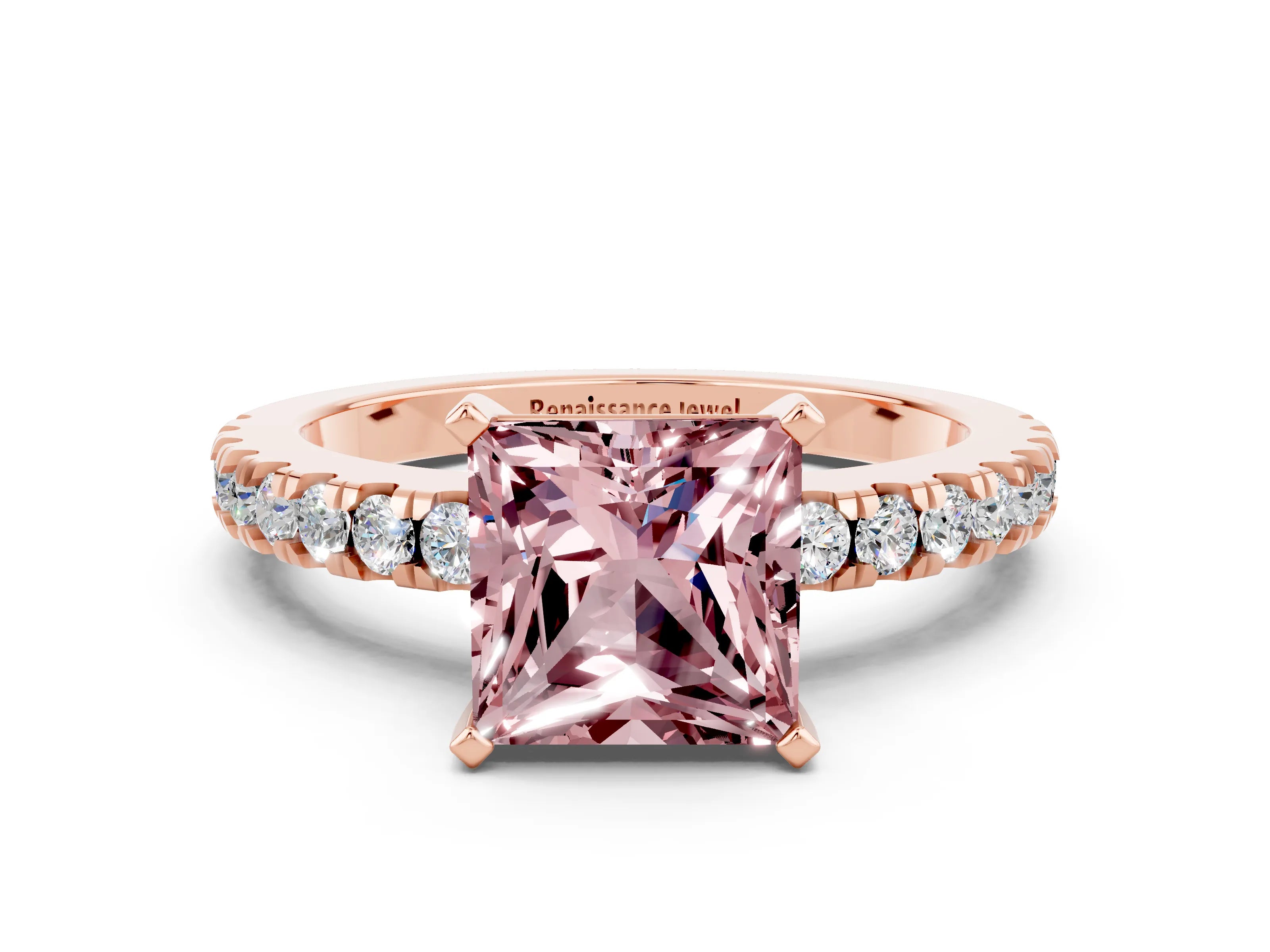 Rose gold Princess Cut Solitaire Diamond with Pavé Band and Four-Prong Setting