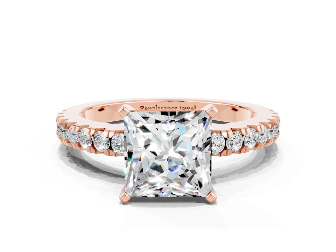 Rose gold Princess Cut Solitaire Diamond with Pavé Band and Four-Prong Setting