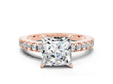 Rose gold Princess Cut Solitaire Diamond with Pavé Band and Four-Prong Setting
