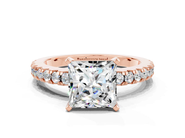 Rose gold Princess Cut Solitaire Moissanite with Pavé Band and Four-Prong Setting