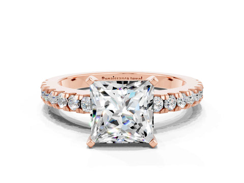 Rose gold Princess Cut Solitaire Diamond with Pavé Band and Four-Prong Setting