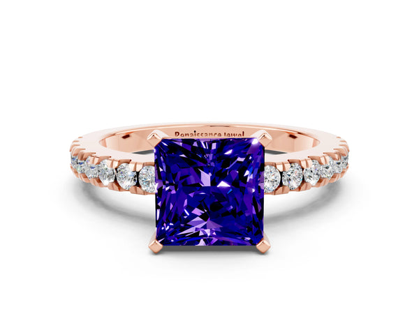 Rose gold Princess Cut Solitaire Tanzanite with Pavé Band and Four-Prong Setting