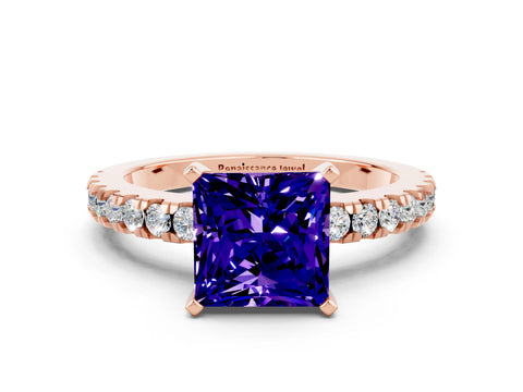 Rose gold Princess Cut Solitaire Diamond with Pavé Band and Four-Prong Setting