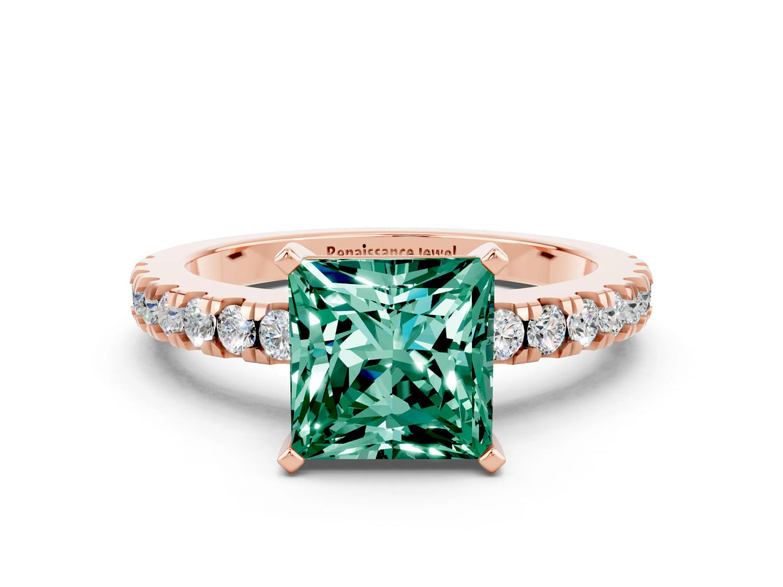 Rose gold Princess Cut Solitaire Diamond with Pavé Band and Four-Prong Setting