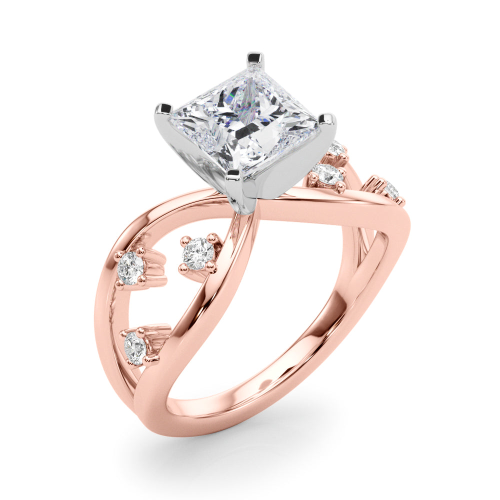 Rose gold Princess Cut Solitaire Diamond with Side Stones on Criss-Cross Band and Four-Prong Setting 1