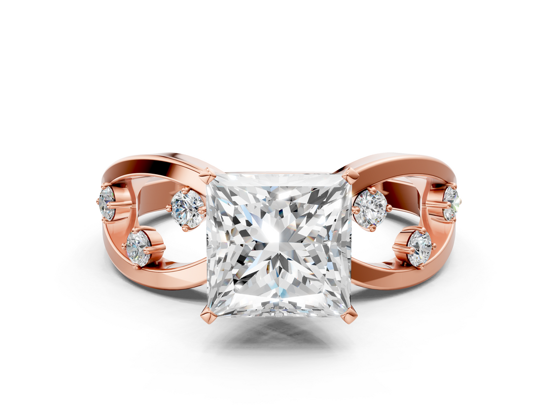 Rose gold Princess Cut Solitaire Diamond with Side Stones on Criss-Cross Band and Four-Prong Setting_26
