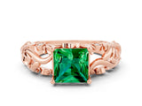 Rose gold Princess Cut Solitaire Emerald Leaf-Inspired Vine Band Ring with Prong Setting