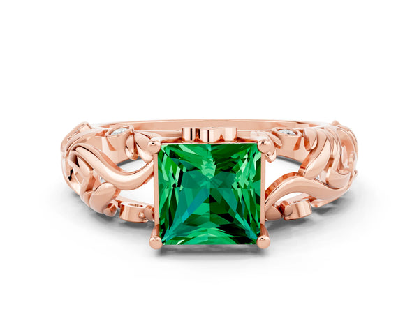 Rose gold Princess Cut Solitaire Emerald Leaf-Inspired Vine Band Ring with Prong Setting