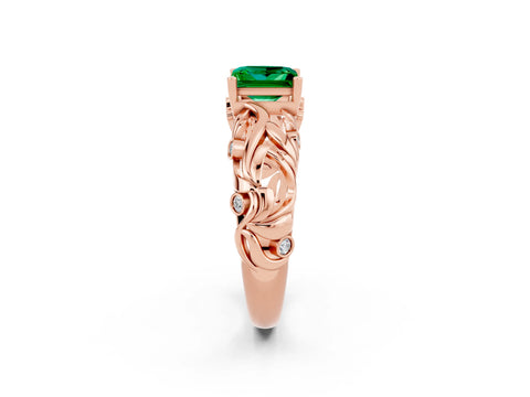 Rose gold Princess Cut Solitaire Emerald Leaf-Inspired Vine Band Ring with Prong Setting_2