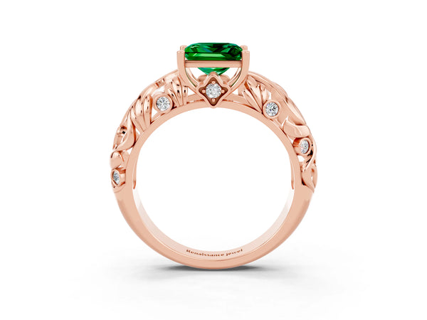 Rose gold Princess Cut Solitaire Emerald Leaf-Inspired Vine Band Ring with Prong Setting