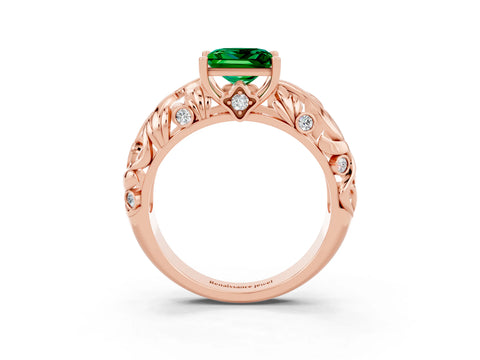 Rose gold Princess Cut Solitaire Emerald Leaf-Inspired Vine Band Ring with Prong Setting_3