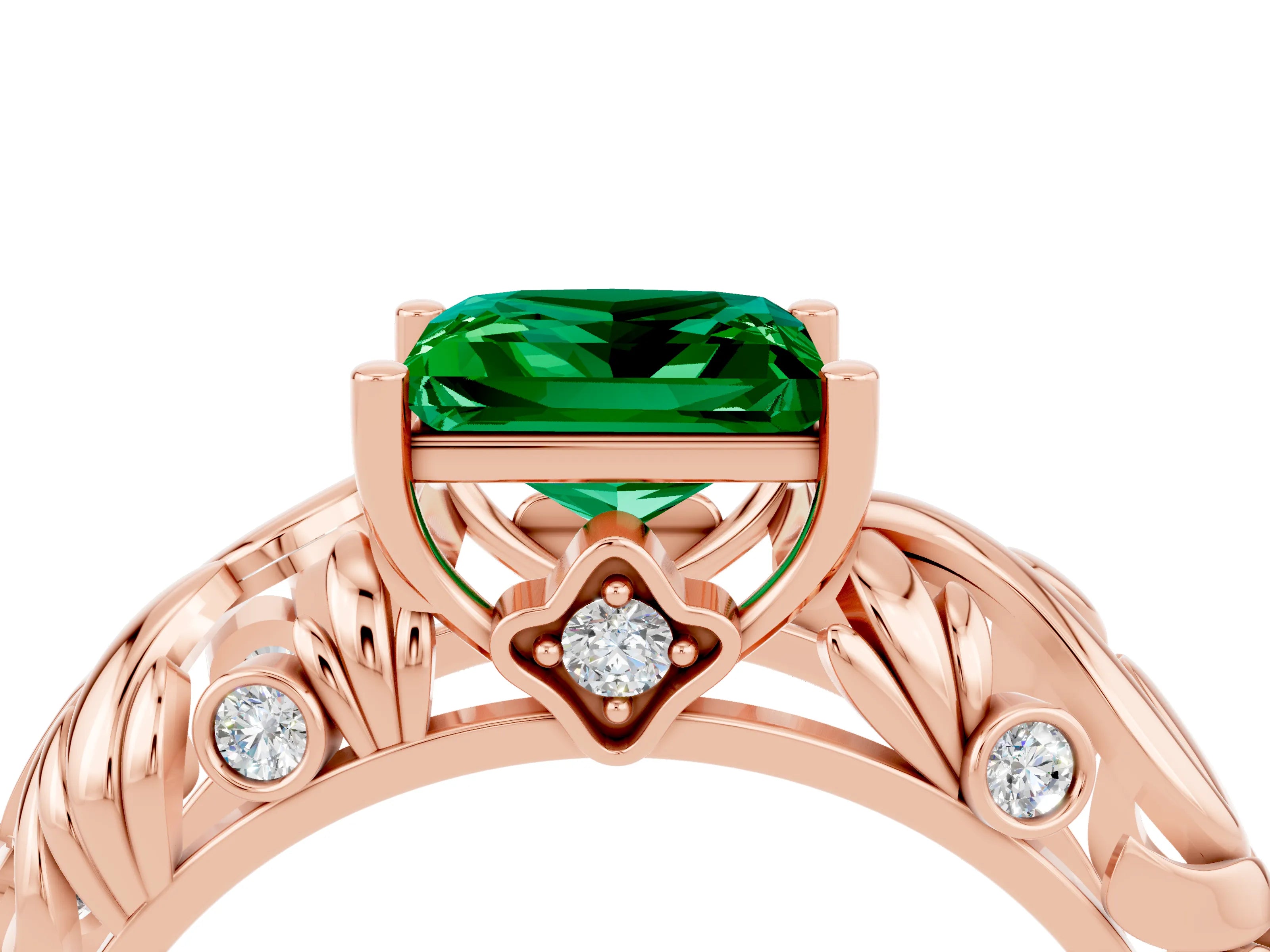 Rose gold Princess Cut Solitaire Emerald Leaf-Inspired Vine Band Ring with Prong Setting_4