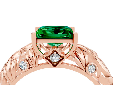 Rose gold Princess Cut Solitaire Emerald Leaf-Inspired Vine Band Ring with Prong Setting_4