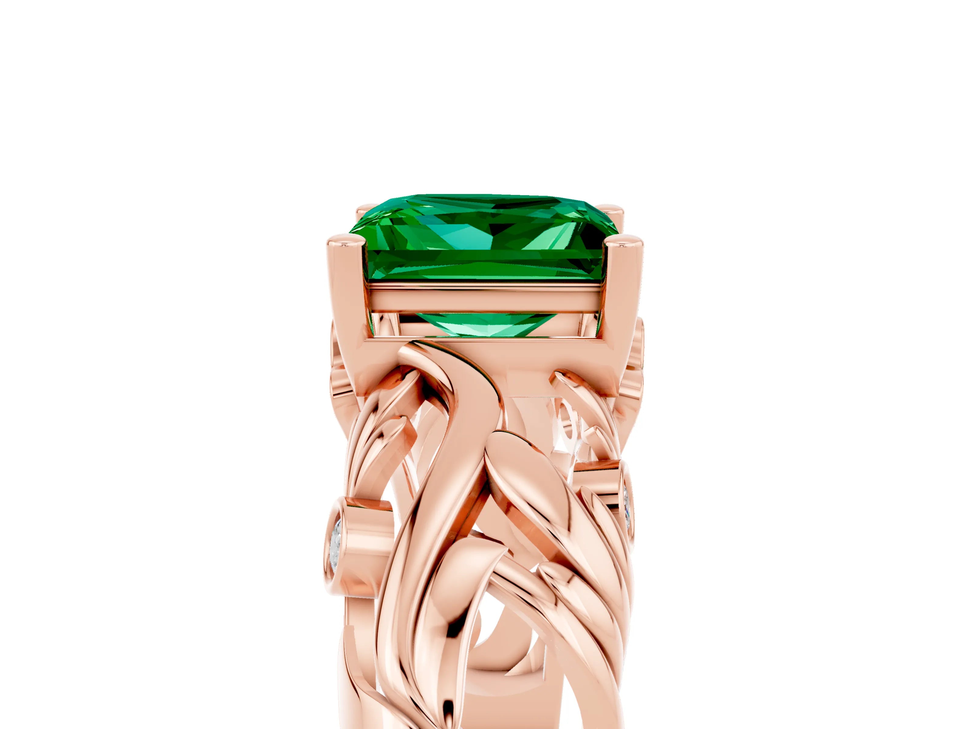 Rose gold Princess Cut Solitaire Emerald Leaf-Inspired Vine Band Ring with Prong Setting_5