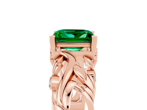 Rose gold Princess Cut Solitaire Emerald Leaf-Inspired Vine Band Ring with Prong Setting_5