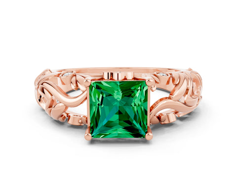 Rose gold Princess Cut Solitaire Emerald Leaf-Inspired Vine Band Ring with Prong Setting