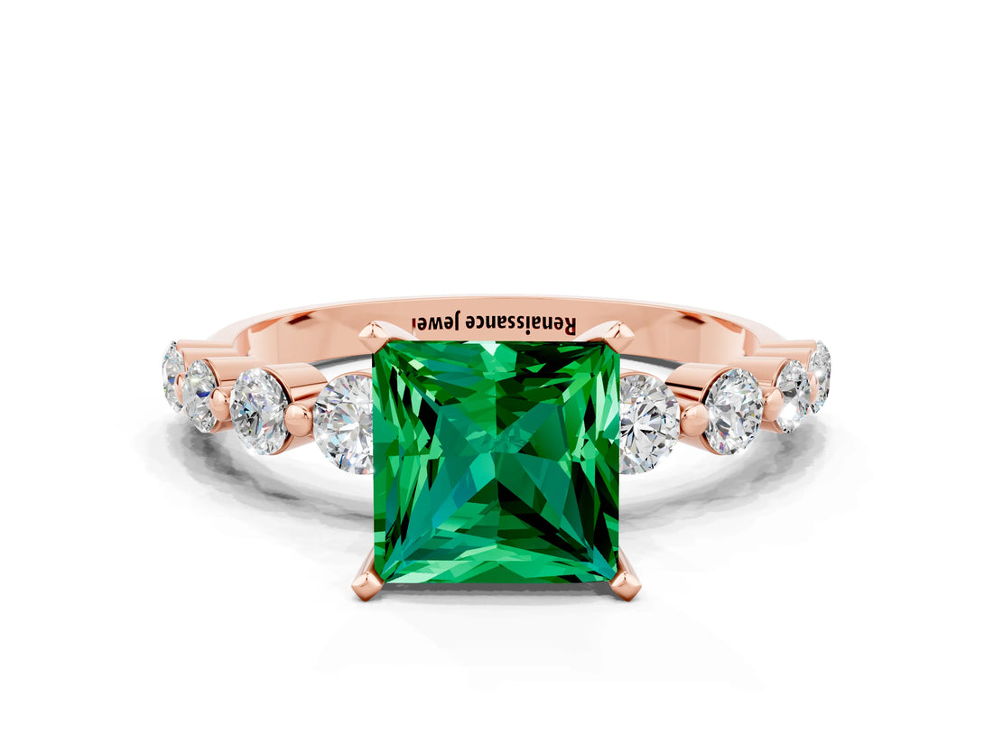 Rose gold Princess Cut Solitaire Emerald Ring with Pave Band and Four-Prong Setting