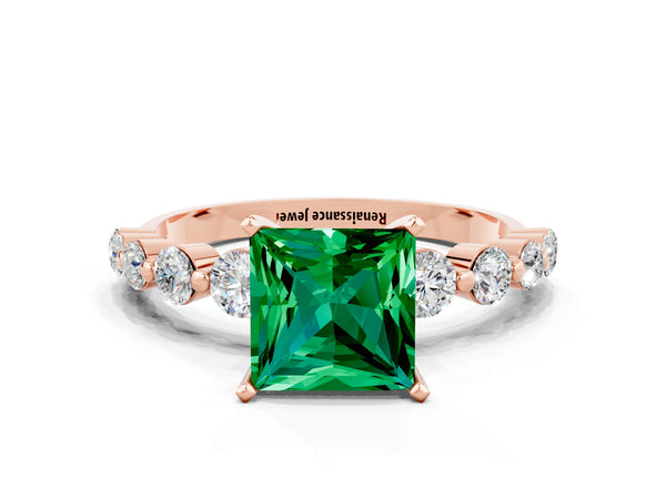 Rose gold Princess Cut Solitaire Emerald Ring with Pave Band and Four-Prong Setting