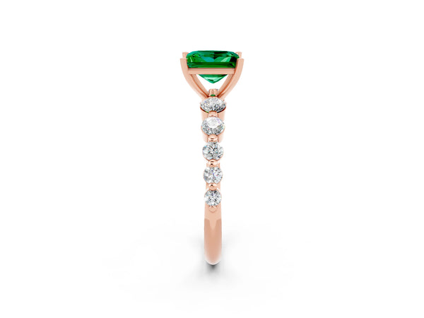 Rose gold Princess Cut Solitaire Emerald Ring with Pave Band and Four-Prong Setting