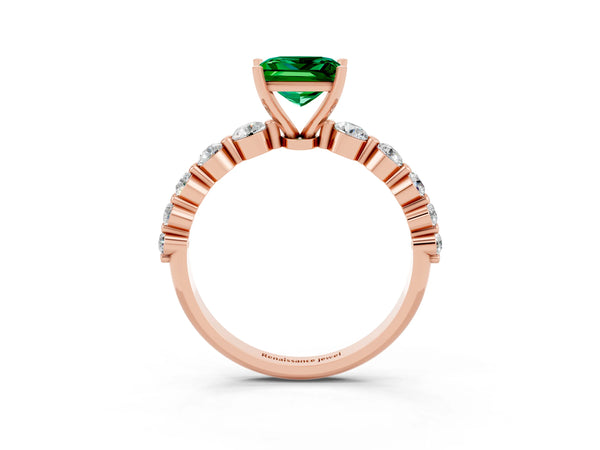 Rose gold Princess Cut Solitaire Emerald Ring with Pave Band and Four-Prong Setting