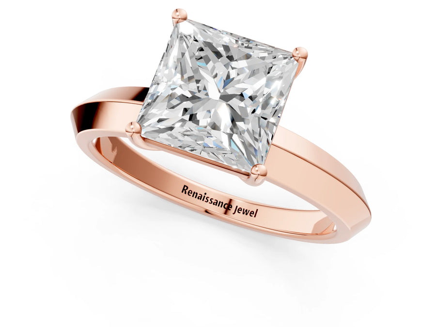 Rose gold Princess Cut Solitaire Engagement Ring with Flat Band and Four-Prong Setting