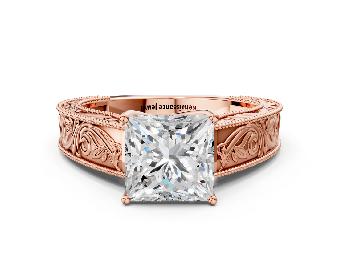 Rose gold Princess Cut Solitaire Engraved Band with Four-Prong Setting_65