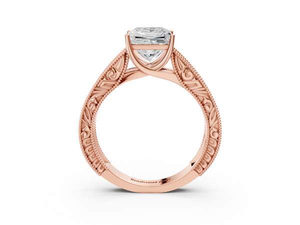 Rose Gold Princess Cut Vintage Solitaire Engagement Ring Setting with Leaf Scroll Engraved Band