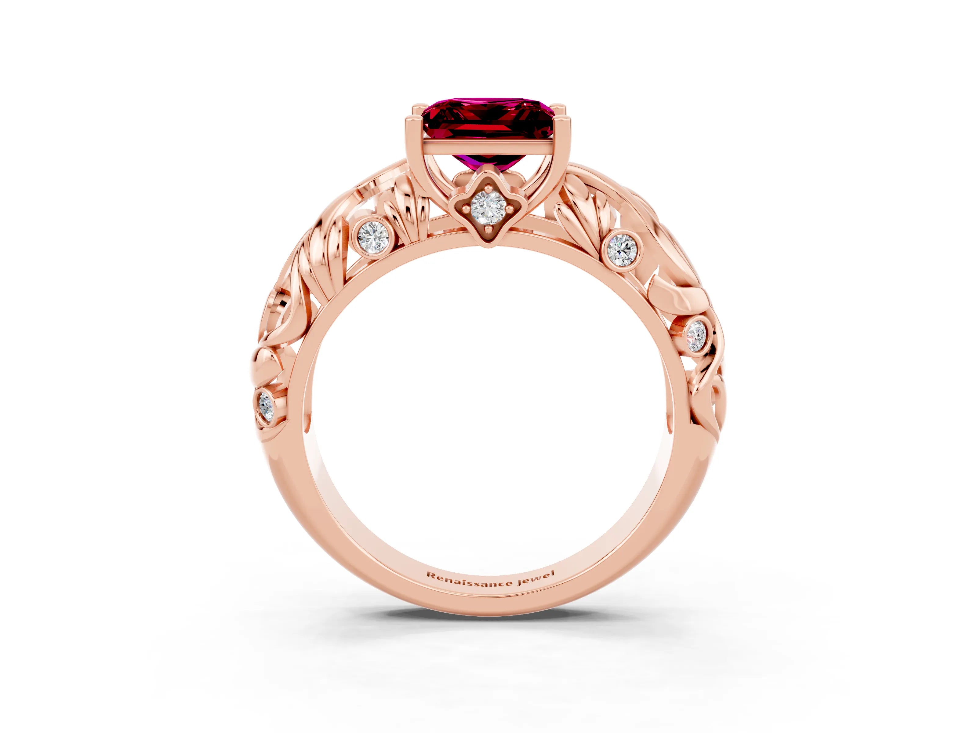 Rose gold Princess Cut Solitaire Garnet Leaf-Inspired Vine Band Ring with Prong Setting_3
