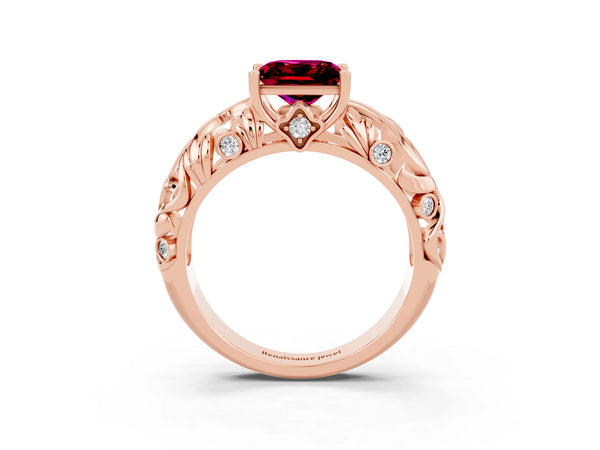 Rose gold Princess Cut Solitaire Garnet Leaf-Inspired Vine Band Ring with Prong Setting