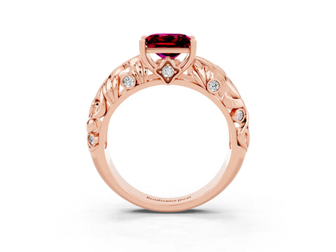 Rose gold Princess Cut Solitaire Garnet Leaf-Inspired Vine Band Ring with Prong Setting_3