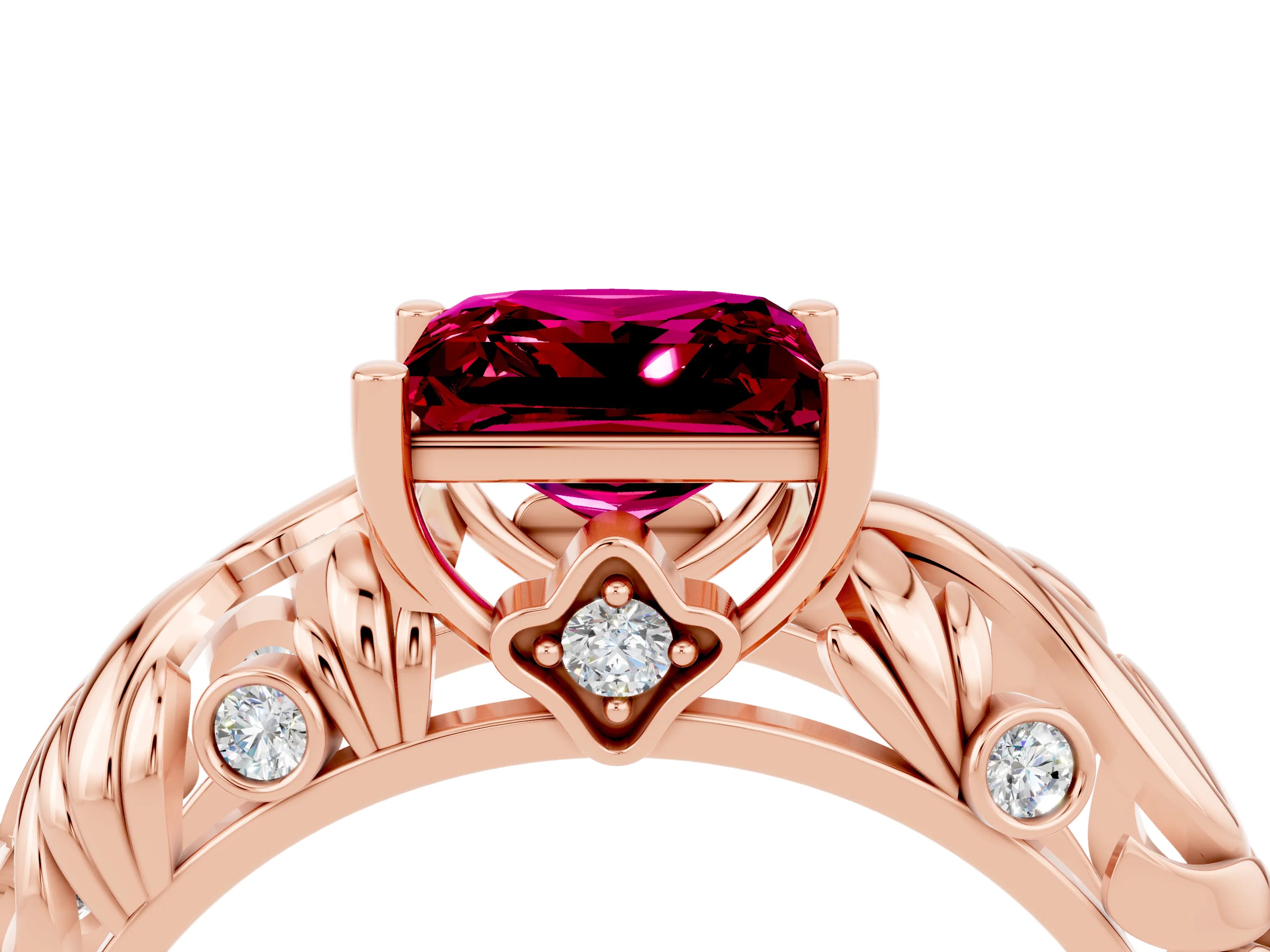 Rose gold Princess Cut Solitaire Garnet Leaf-Inspired Vine Band Ring with Prong Setting_4