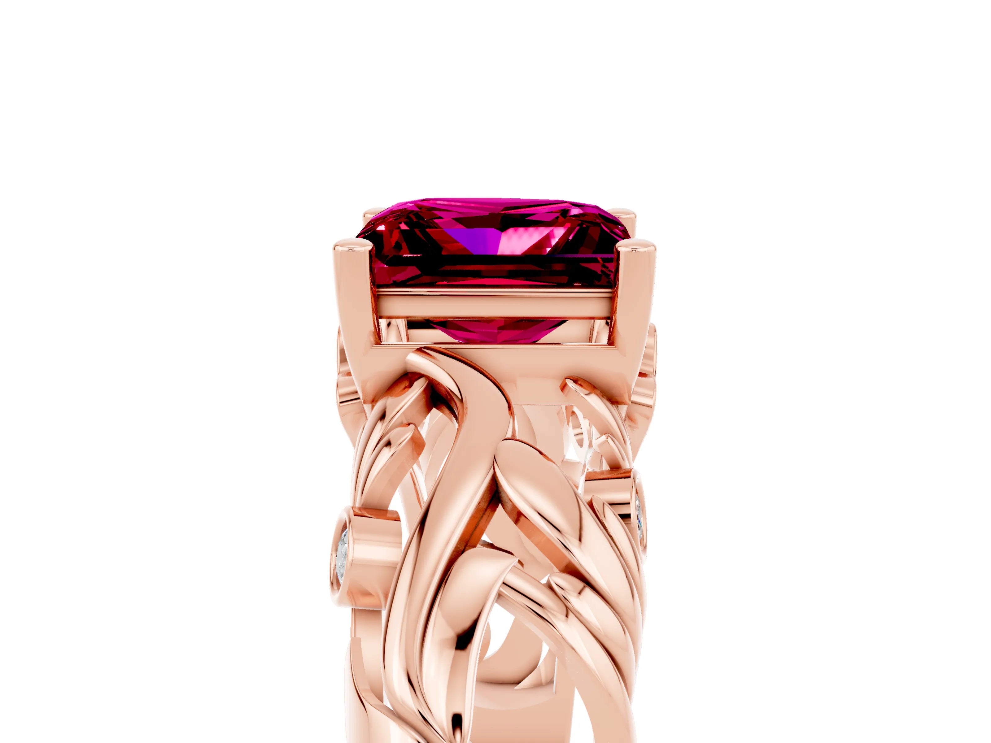 Rose gold Princess Cut Solitaire Garnet Leaf-Inspired Vine Band Ring with Prong Setting_5