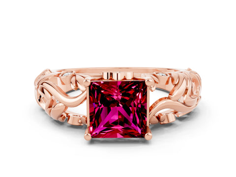 Rose gold Princess Cut Solitaire Garnet Leaf-Inspired Vine Band Ring with Prong Setting