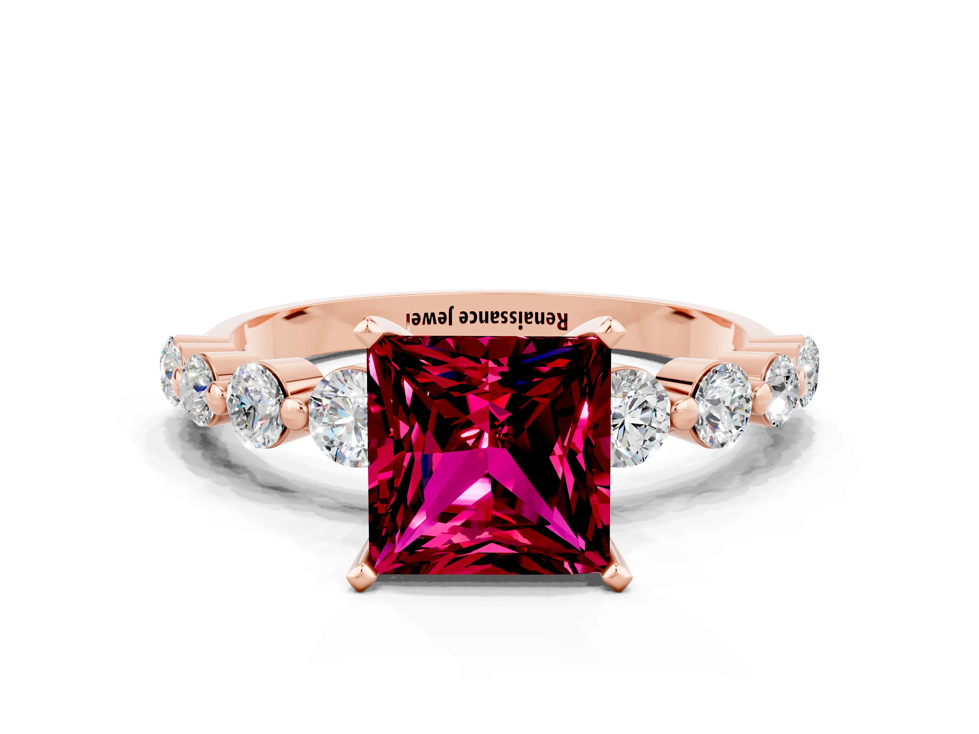 Rose gold Princess Cut Solitaire Garnet Ring with Pave Band and Four-Prong Setting