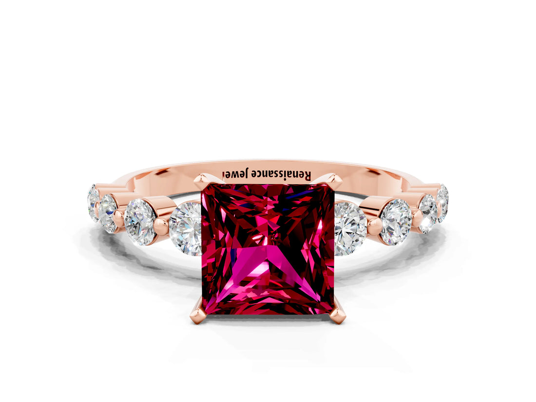Rose gold Princess Cut Solitaire Garnet Ring with Pave Band and Four-Prong Setting