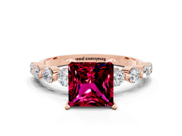 Rose gold Princess Cut Solitaire Garnet Ring with Pave Band and Four-Prong Setting