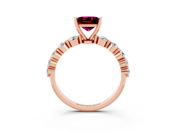 Rose gold Princess Cut Solitaire Garnet Ring with Pave Band and Four-Prong Setting