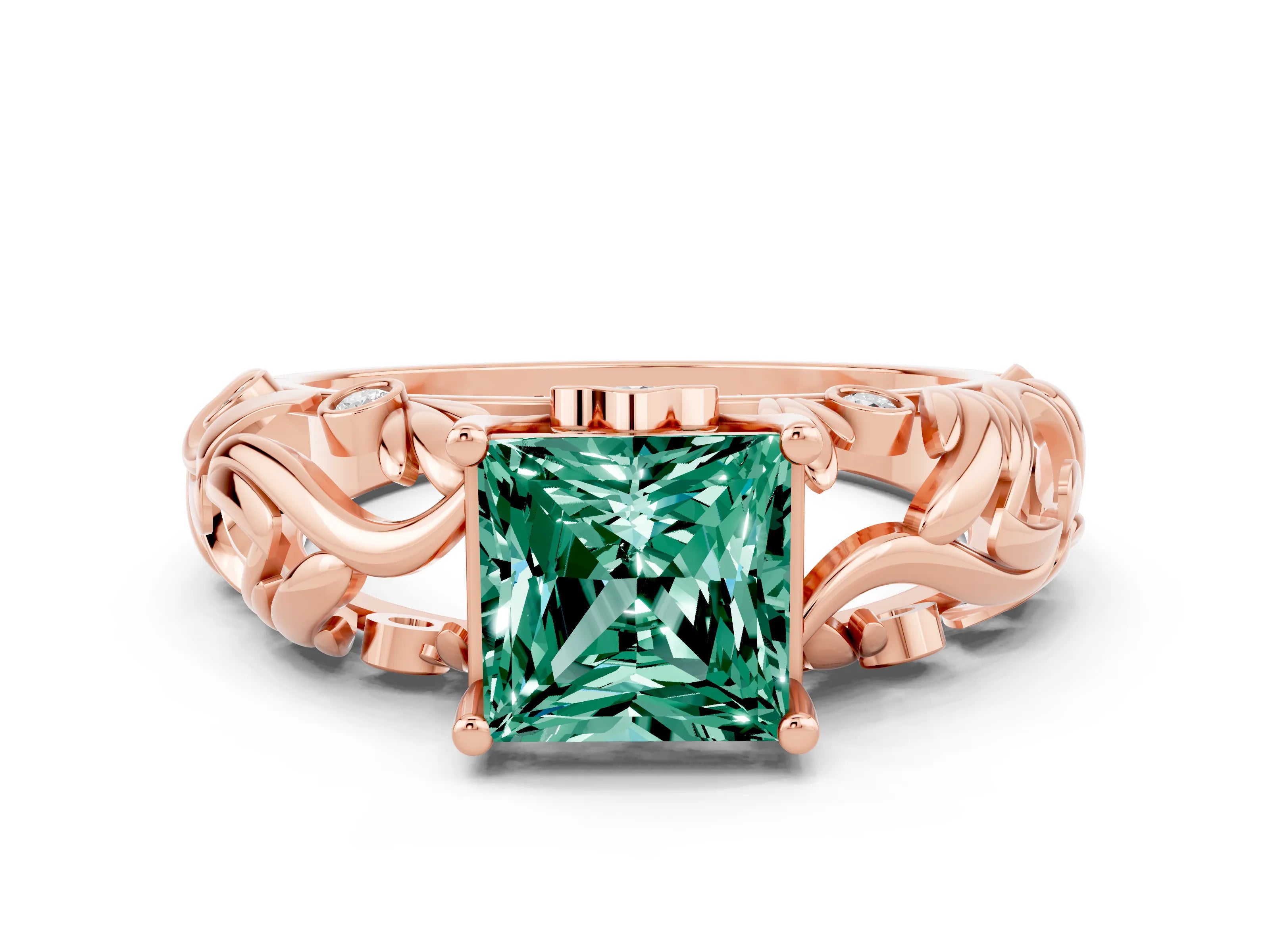 Rose gold Princess Cut Solitaire Green Sapphire Leaf-Inspired Vine Band Ring with Prong Setting