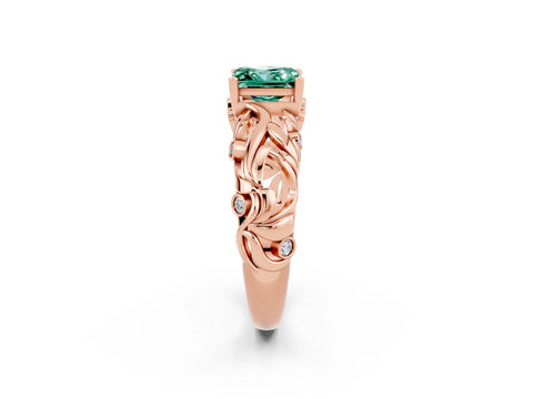 Rose gold Princess Cut Solitaire Green Sapphire Leaf-Inspired Vine Band Ring with Prong Setting_2
