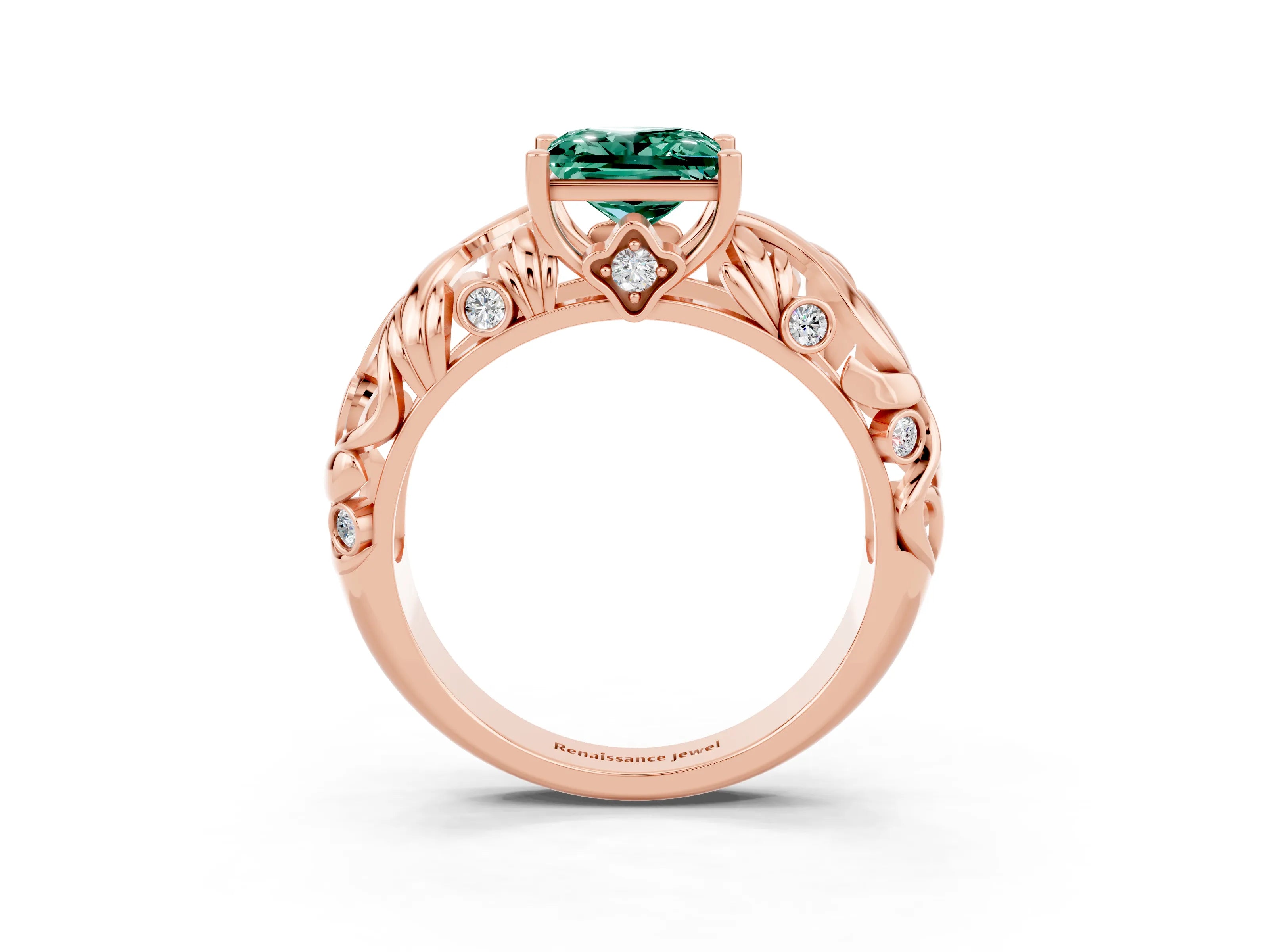 Rose gold Princess Cut Solitaire Green Sapphire Leaf-Inspired Vine Band Ring with Prong Setting_3