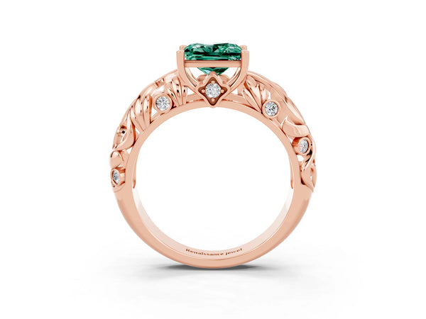 Rose gold Princess Cut Solitaire Green Sapphire Leaf-Inspired Vine Band Ring with Prong Setting