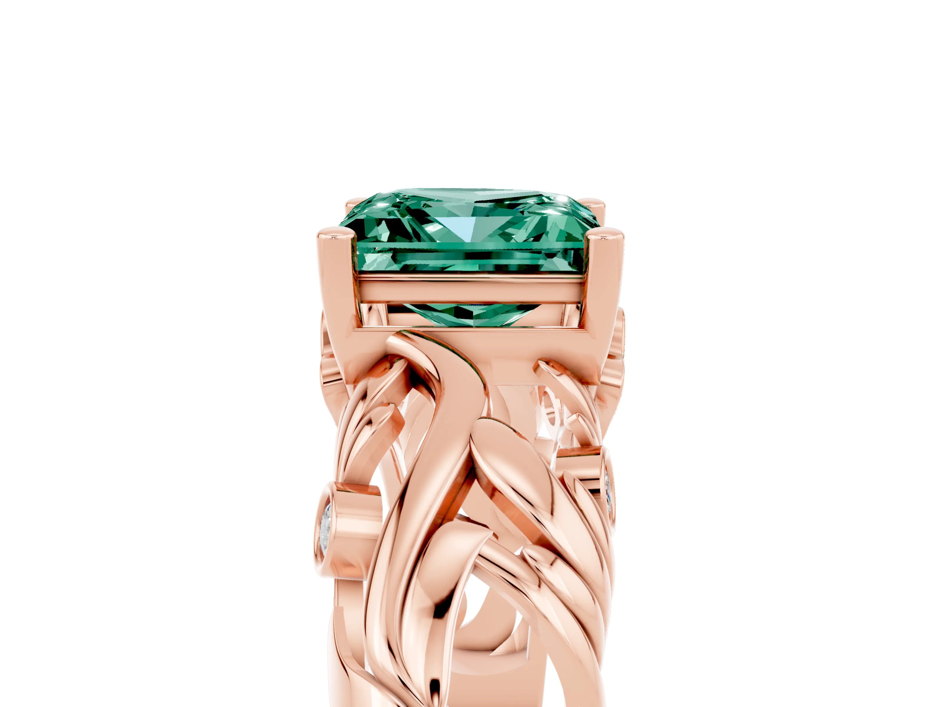 Rose gold Princess Cut Solitaire Green Sapphire Leaf-Inspired Vine Band Ring with Prong Setting_5