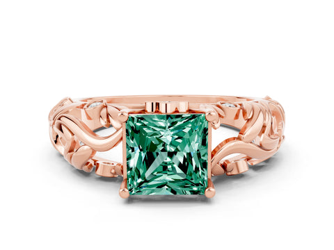 Rose gold Princess Cut Solitaire Green Sapphire Leaf-Inspired Vine Band Ring with Prong Setting