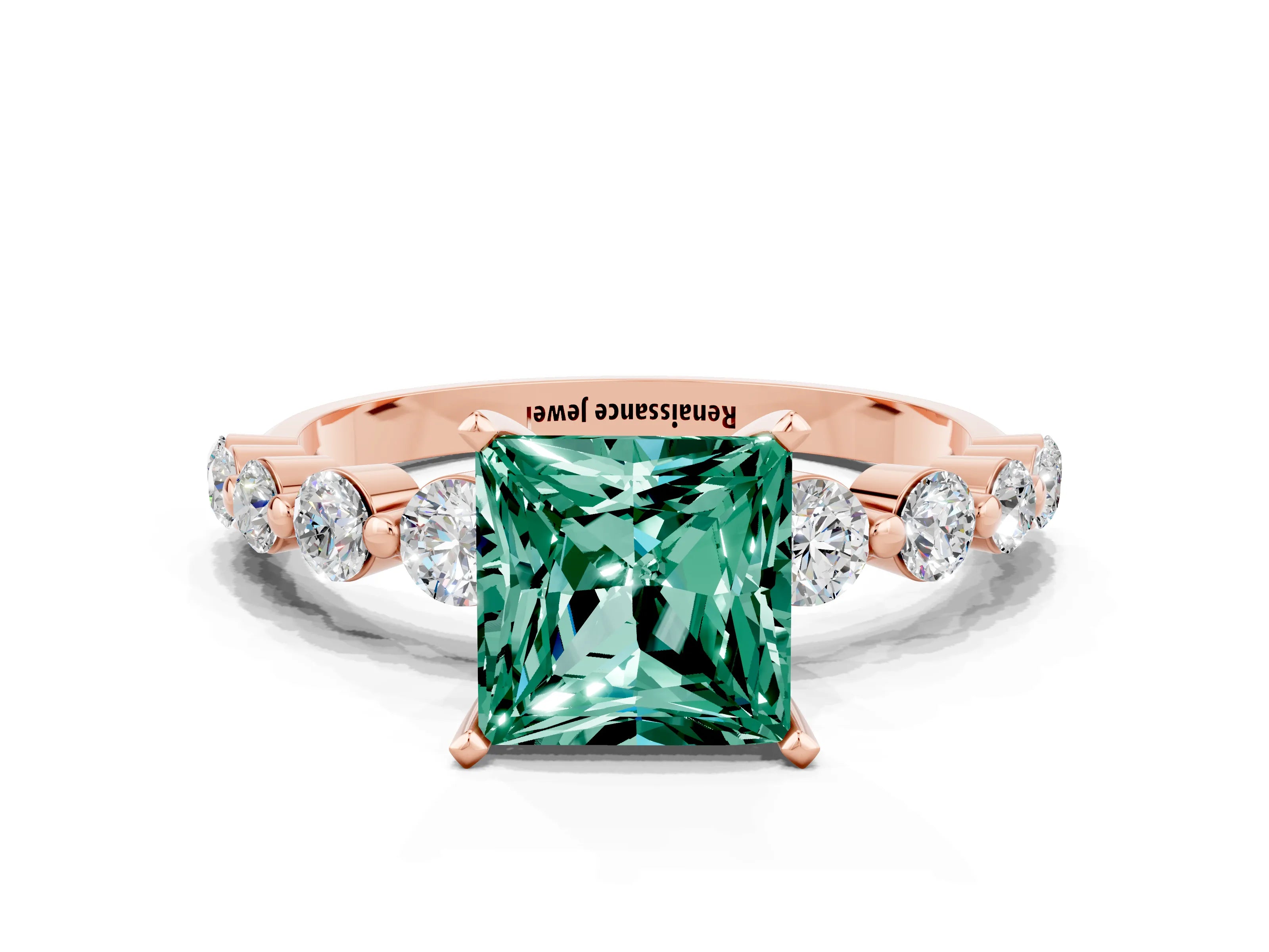 Rose gold Princess Cut Solitaire Green Sapphire Ring with Pave Band and Four-Prong Setting