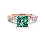 Rose gold Princess Cut Solitaire Green Sapphire Ring with Pave Band and Four-Prong Setting