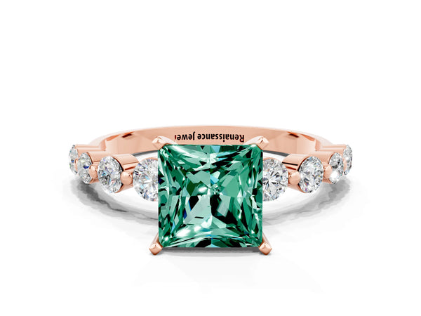 Rose gold Princess Cut Solitaire Green Sapphire Ring with Pave Band and Four-Prong Setting