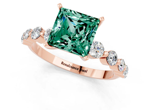 Rose gold Princess Cut Solitaire Green Sapphire Ring with Pave Band and Four-Prong Setting_1