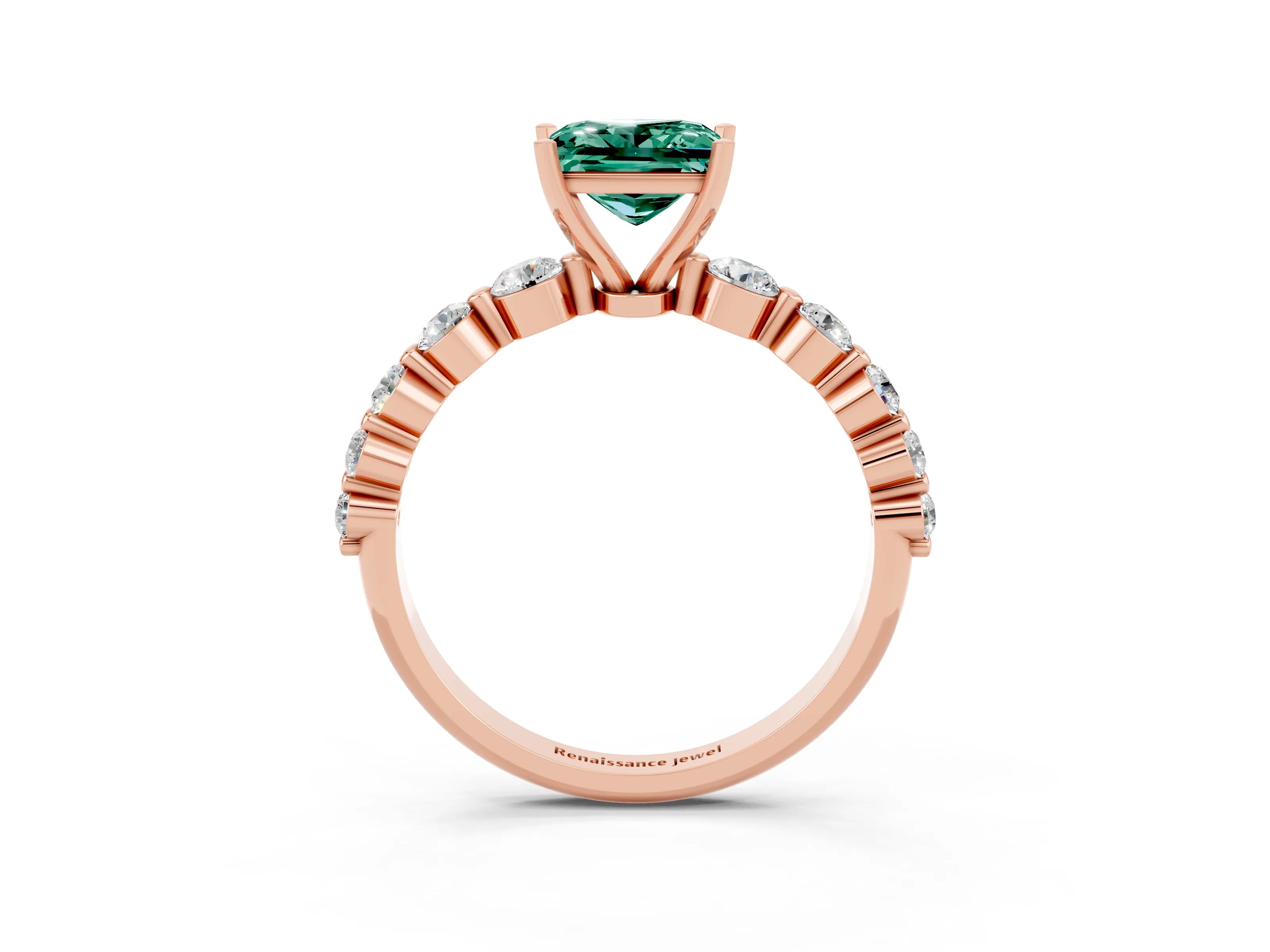 Rose gold Princess Cut Solitaire Green Sapphire Ring with Pave Band and Four-Prong Setting_3