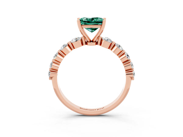 Rose gold Princess Cut Solitaire Green Sapphire Ring with Pave Band and Four-Prong Setting