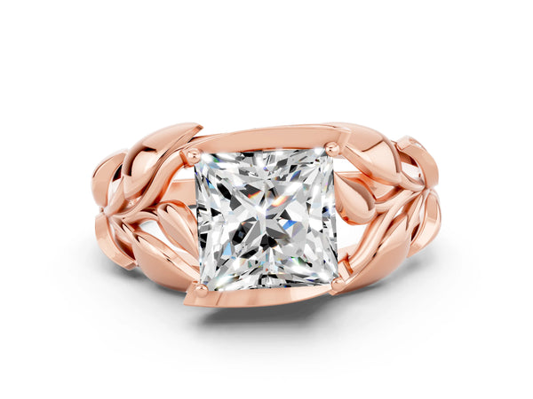 Rose gold Princess Cut Moissanite Leaf-Inspired Engagement Ring with Round Accents and Prong Setting